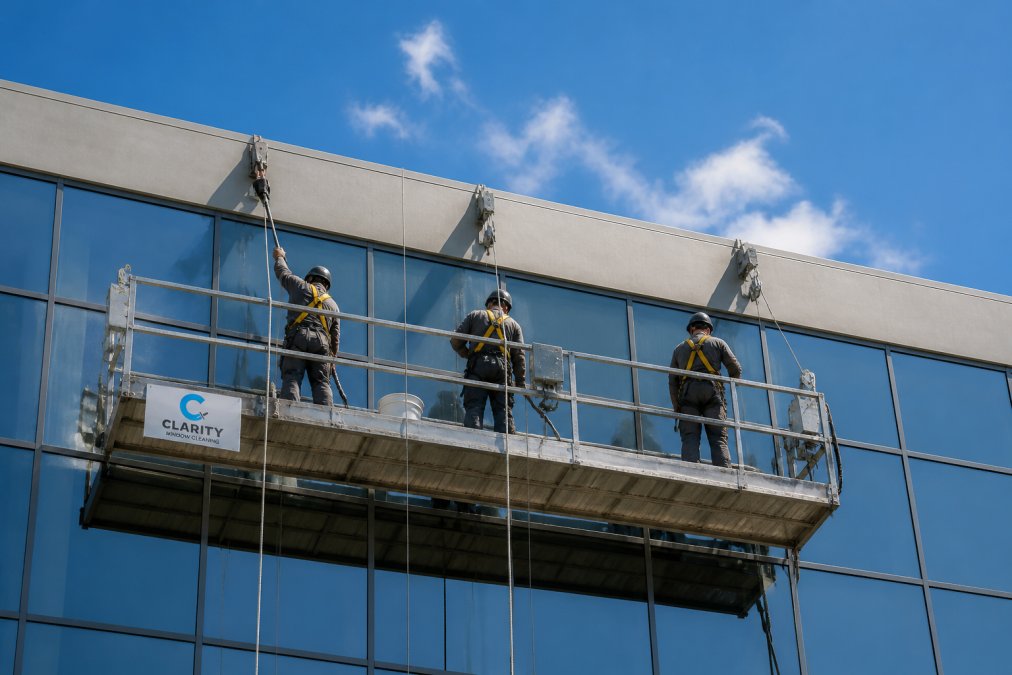 Professional window cleaners in safety harnesses working from a suspended platform on a glass high-rise facade, with visible anchorage points and a bright blue sky overhead