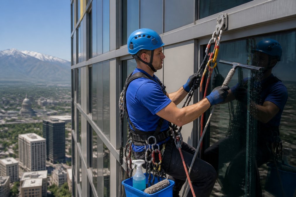 Professional window cleaner secured with safety harness and rope access equipment on a high-rise building exterior, showing proper fall protection setup and anchor points