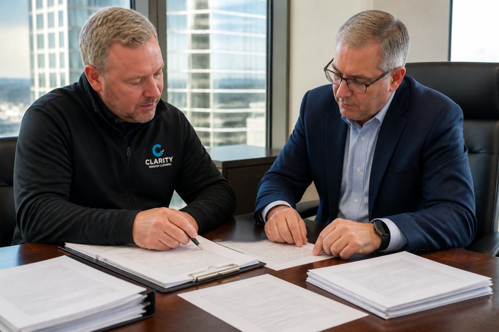 Facilities manager reviewing documentation and insurance certificates with a window cleaning contractor in an office setting, with papers and contracts on desk