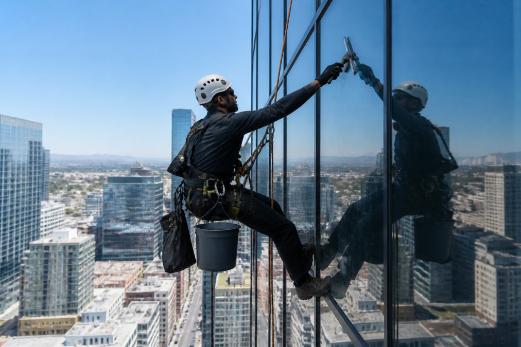 A certified window cleaning technician in full safety harness and helmet performing rope access work on the exterior glass facade of a tall commercial office building, with city skyline visible in the background during midday