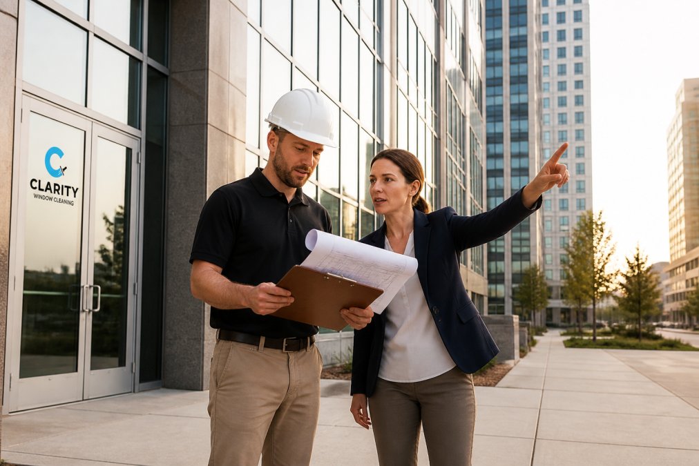 Facilities manager and professional window cleaner walking around base of commercial office building, reviewing architectural plans on clipboard and discussing building features in afternoon sunlight