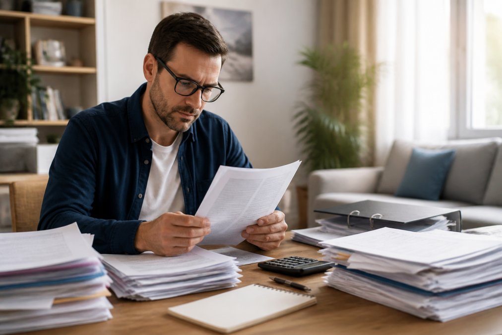 Business owner organizing financial documents and bank statements on a desk with a laptop, reviewing paperwork for merchant account application in a well-lit home office setting
