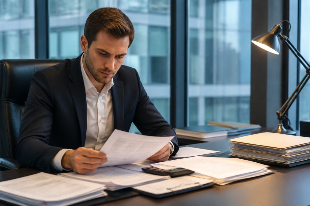 Professional in business attire reviewing application materials at a desk with multiple monitors, analyzing transaction data and risk assessment information under office lighting