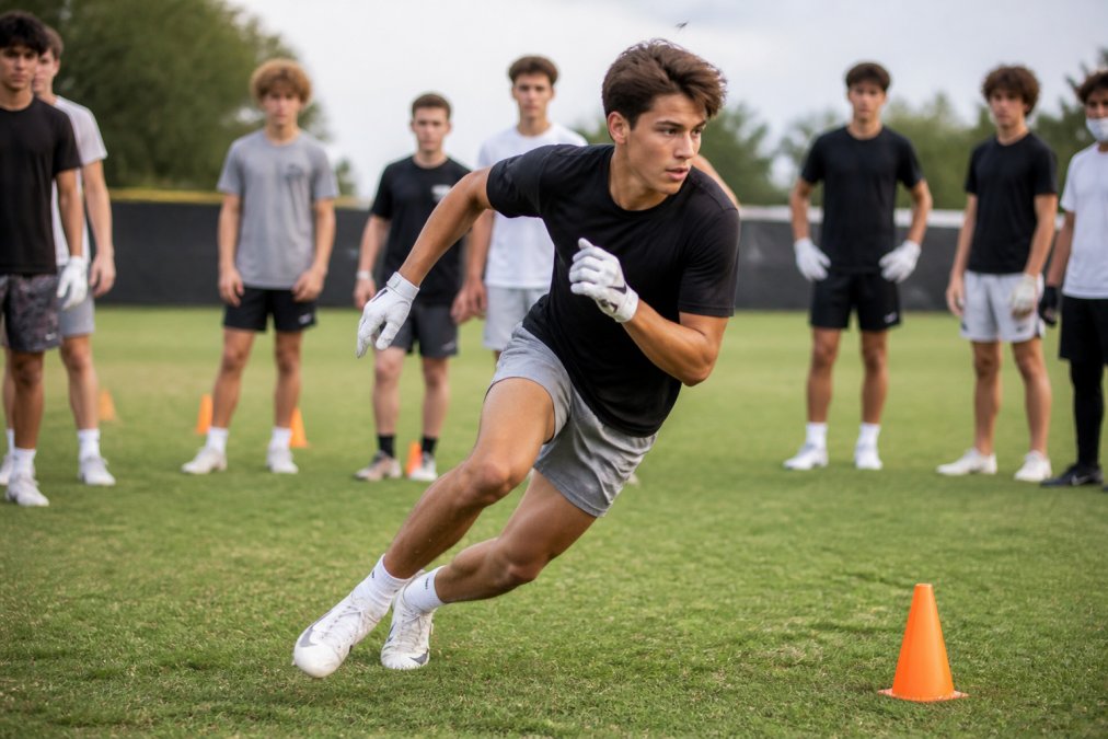 High school football player executing a sharp cut drill between orange cones on a grass field, demonstrating explosive change of direction with knees bent and proper body positioning