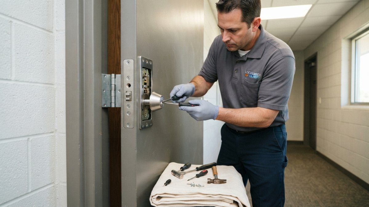 Professional locksmith installing high-security deadbolt into commercial metal door frame, showing proper cylinder alignment and hardware positioning, under bright task lighting