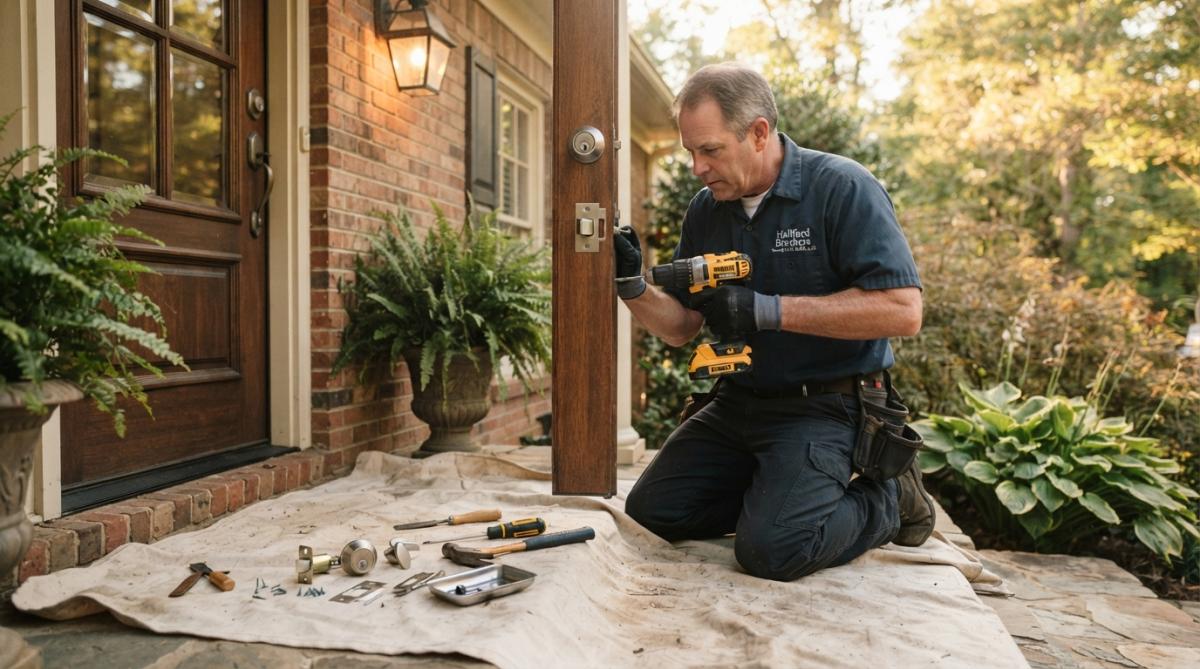 A professional locksmith kneeling at a residential front door installing a high-security deadbolt, drill and chisel resting on a drop cloth, lock components and screws arranged on a nearby step, warm afternoon light