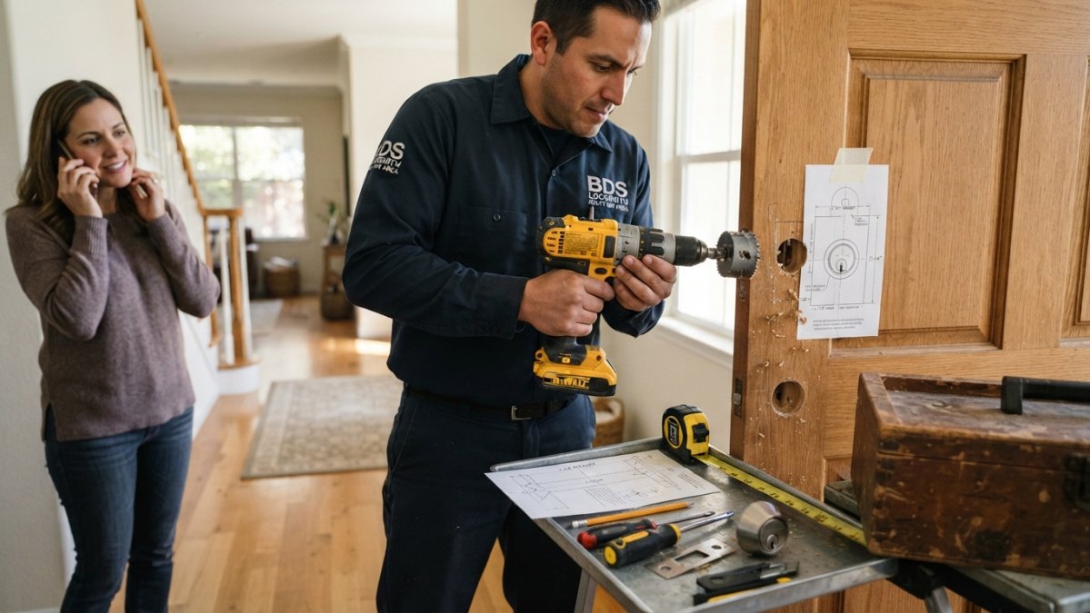 Professional using a drill for a high-security lock installation on a residential front door