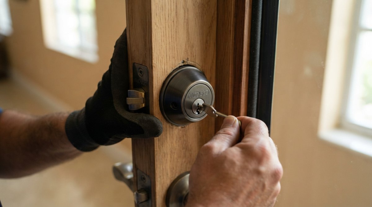 Close-up of a locksmith's hands installing a high-security Medeco deadbolt on a residential door, showing the hardened steel cylinder and keyway