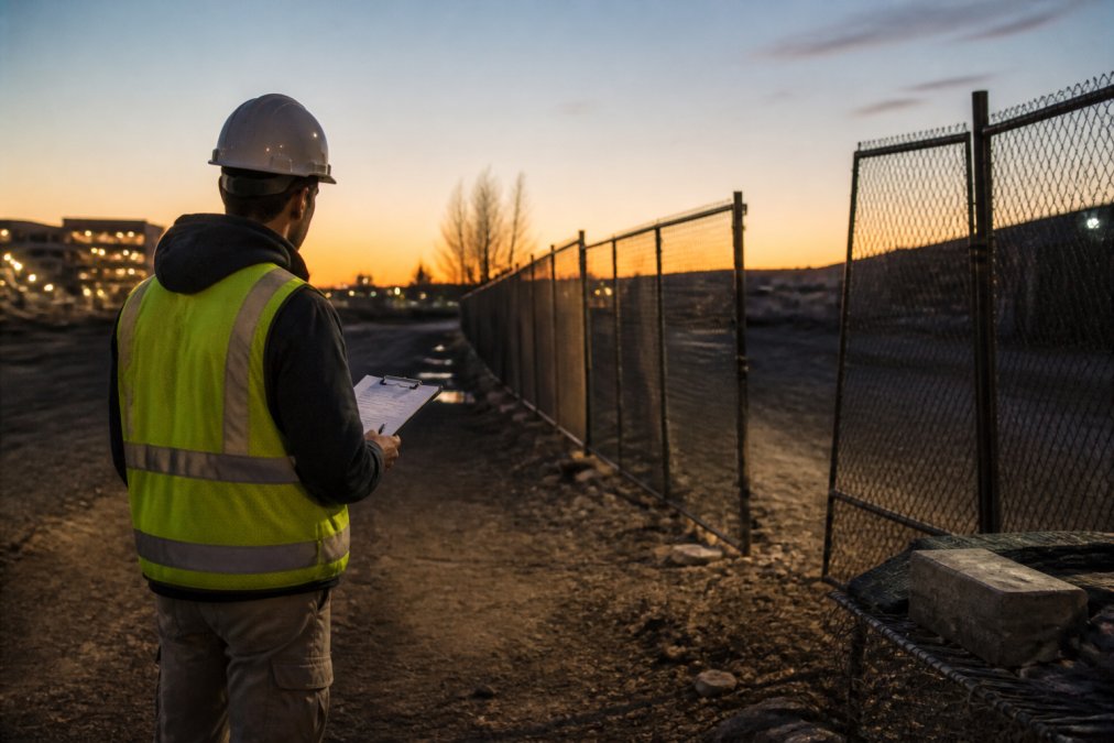 A contractor in a reflective vest and hard hat walking a job site boundary at dusk, clipboard in hand, noting an unlit gap in the fence line