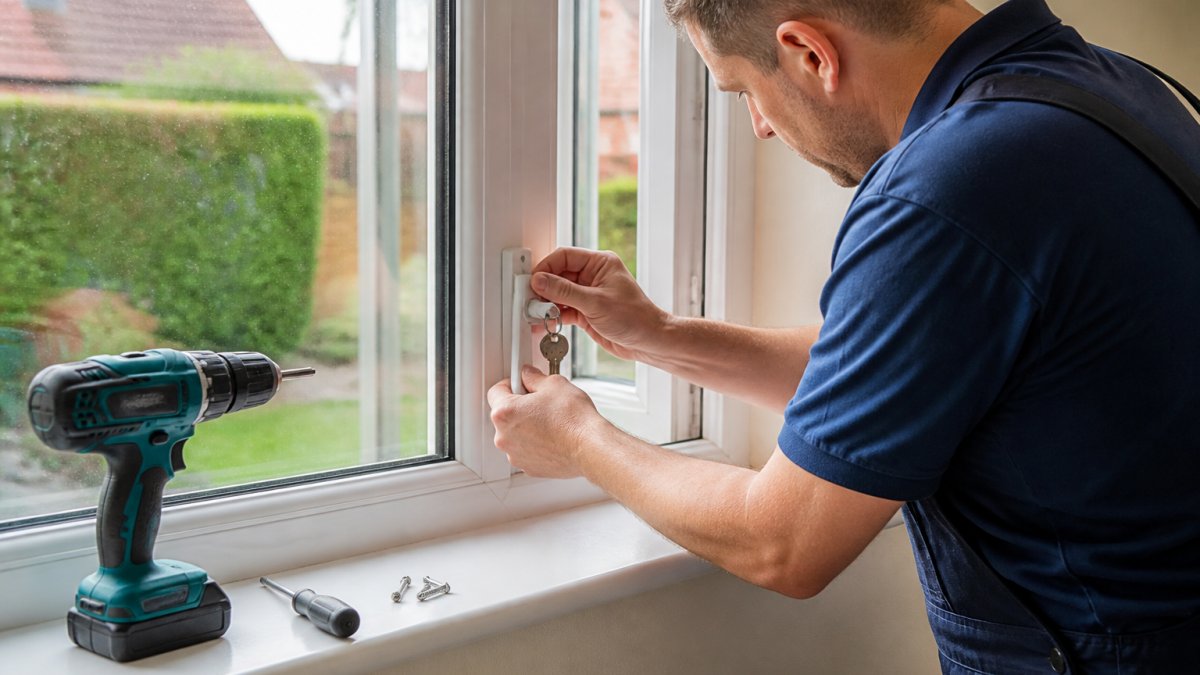 A glazier in work clothes fitting a key-operated window lock to a white uPVC window frame, drill and screws resting on the sill, bright daylight filling a home interior