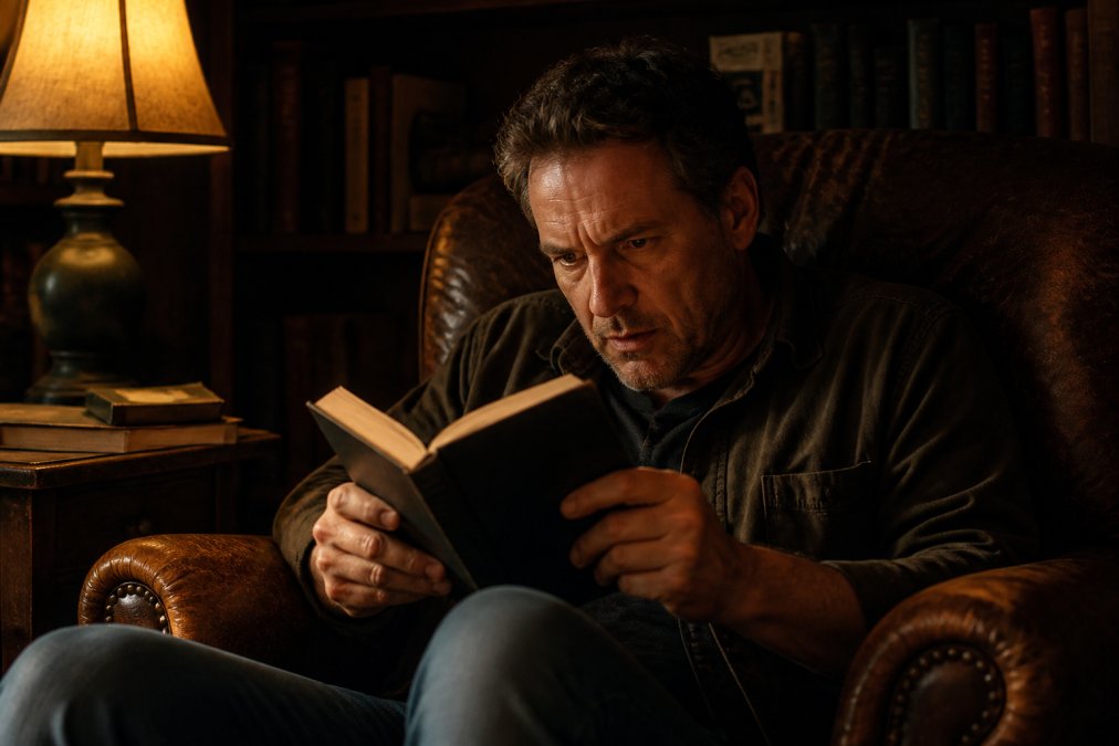 Reader deeply absorbed in a thriller novel, hands gripping the book with visible tension, sitting in a worn leather armchair with warm lamplight casting shadows across the pages and face