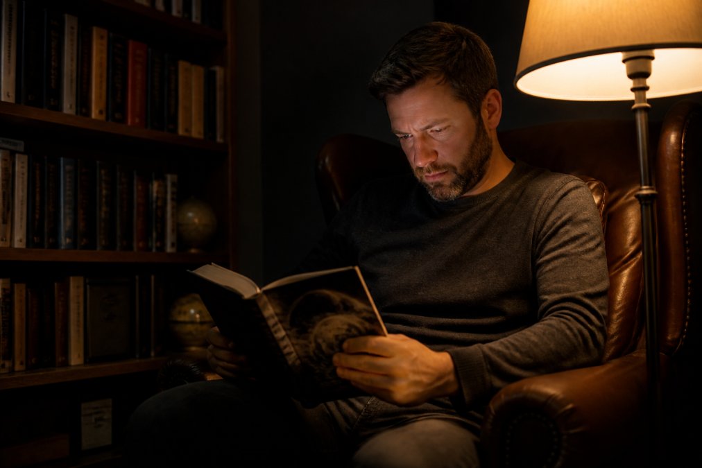 Reader absorbed in a science fiction novel, sitting in a leather armchair with a floor lamp casting dramatic shadows across their face, showing intense focus and engagement
