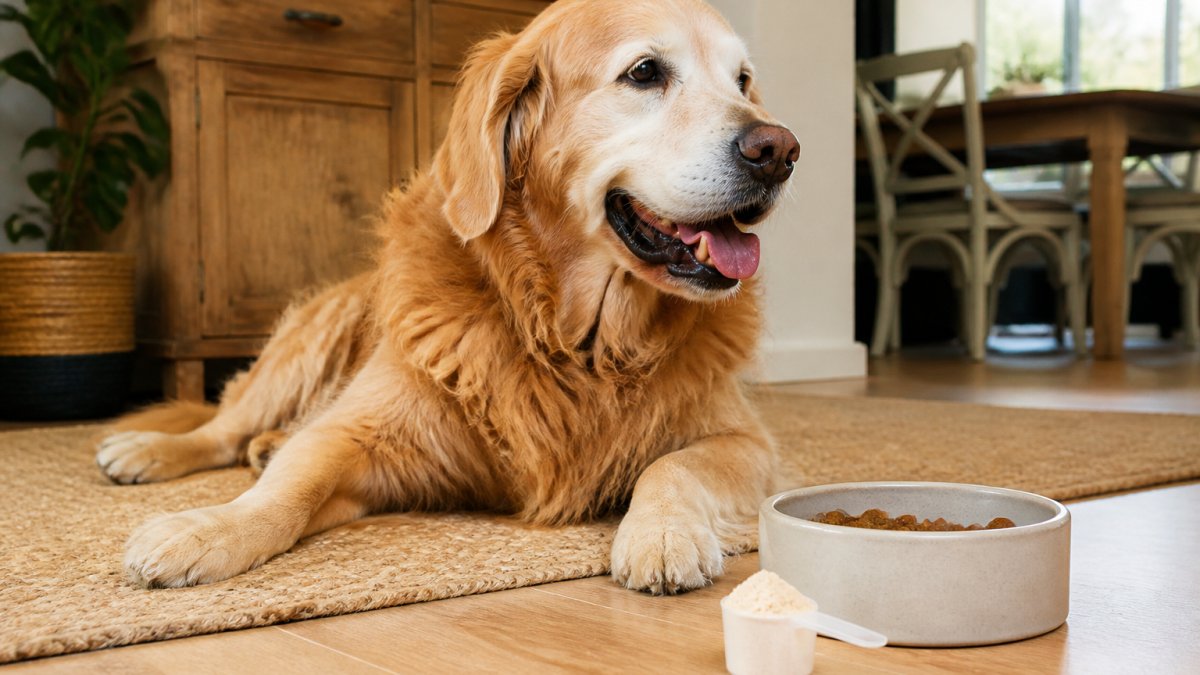 Senior dog resting on a rug beside a bowl with a measured scoop of joint supplement powder