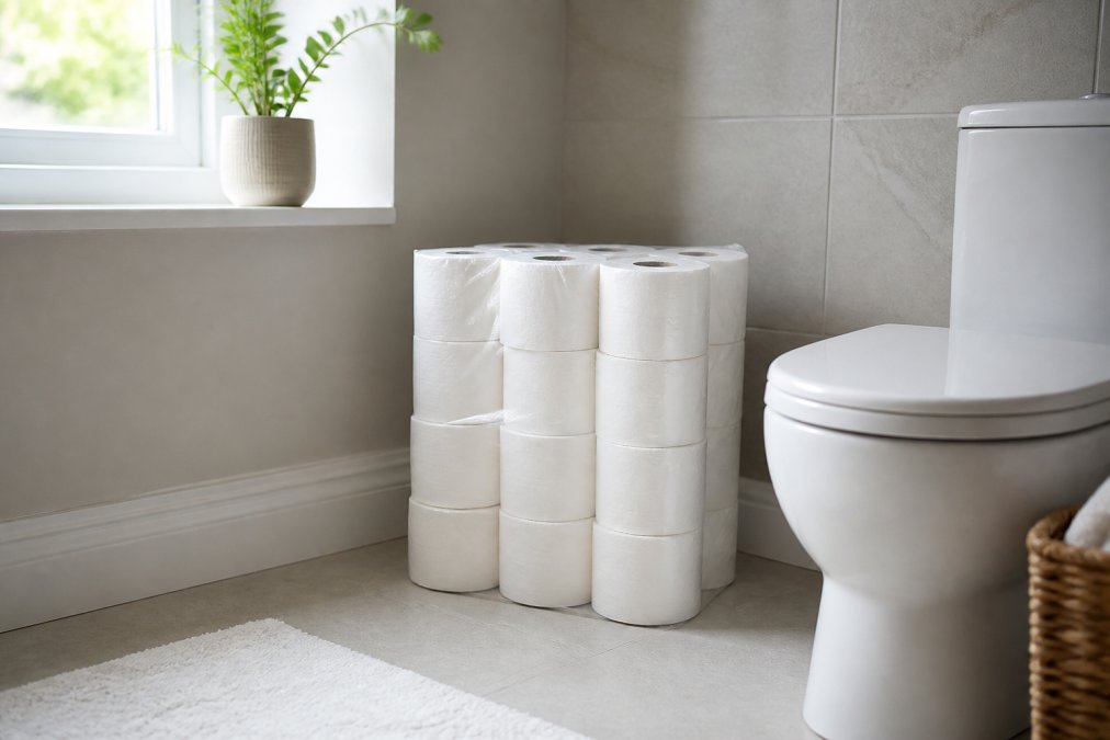 A family bathroom with a bulk pack of 3-ply toilet rolls stacked neatly beside a toilet, natural light through a window, clean modern tiling