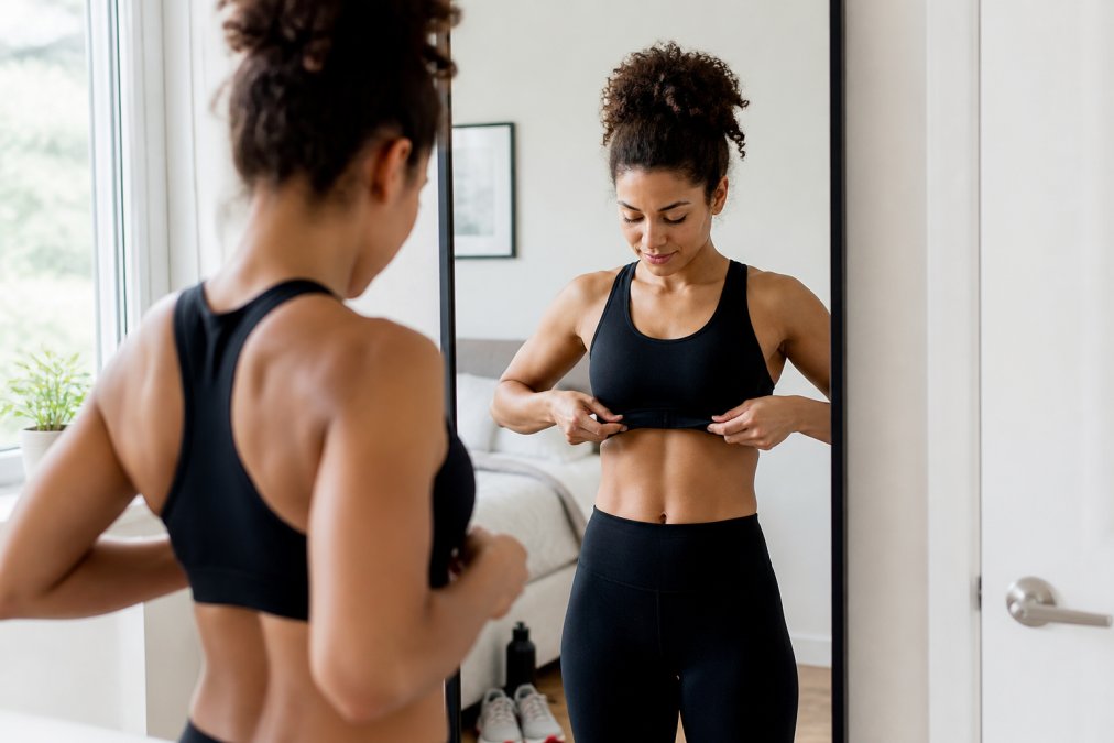 A woman standing in a bright bedroom checking the band of a sports bra in a mirror, running shoes and a water bottle on the floor beside her