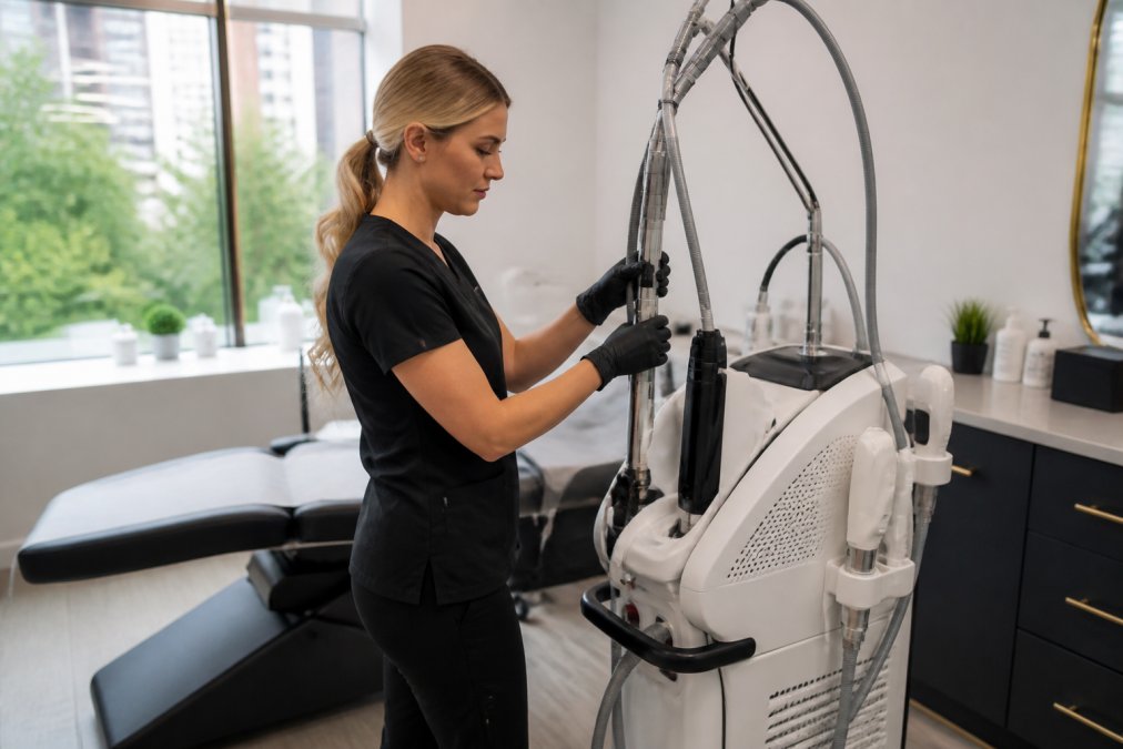 A modern, bright aesthetic clinic treatment room with a sleek, multi-modality laser platform as the centerpiece, showing a clinician in professional attire preparing the device