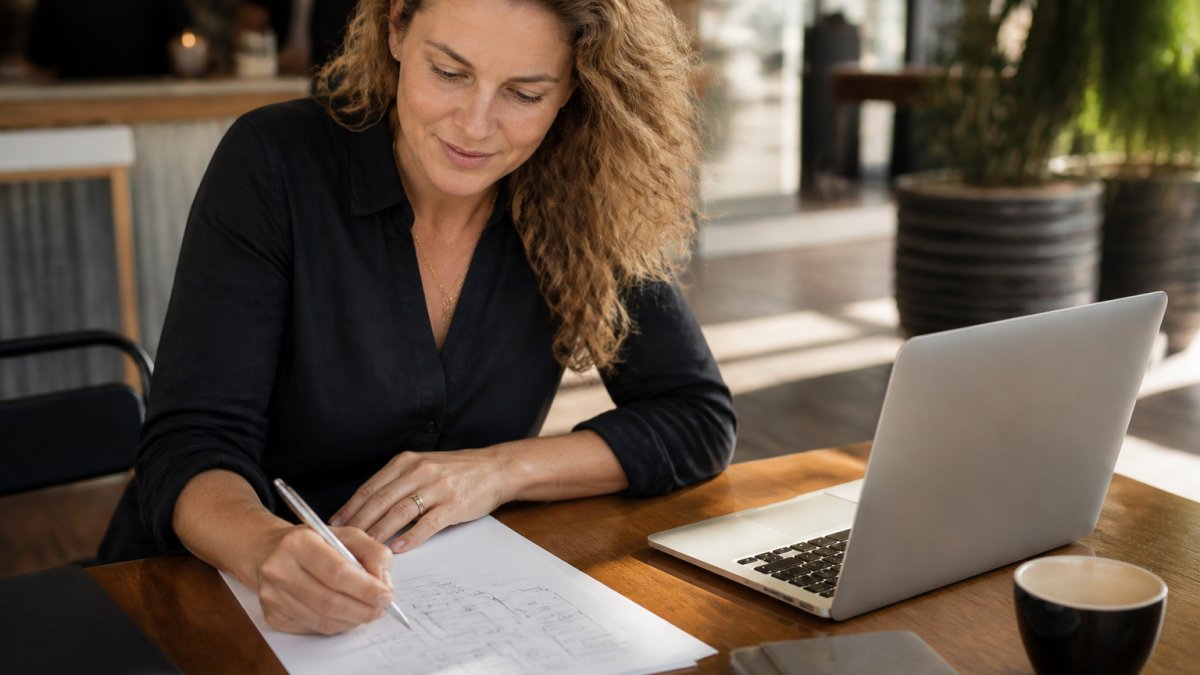 An Australian consultant working at a desk with a laptop, notebook and coffee, mapping out a service delivery process on paper