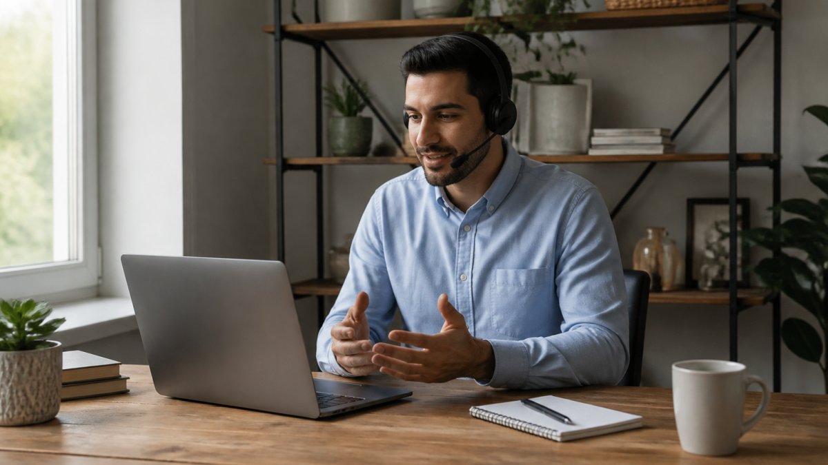 A sales representative on a video discovery call at a desk, laptop open with a notepad and pen, calm home-office setting with natural light