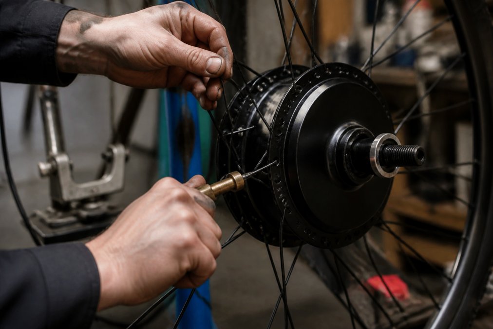 Close-up of a mechanic's hands lacing a thick 12-gauge spoke into the flange of a large electric hub motor, the spoke nipple seated with a brass driver, a truing stand blurred in the background of a dimly lit workshop