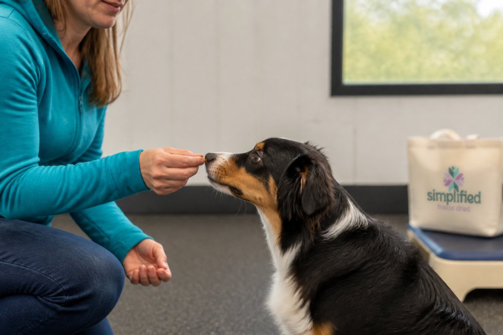 Professional trainer's hand delivering a small freeze-dried treat to a dog's mouth during a training session, showing precise hand positioning at nose level and the dog's focused attention on the handler