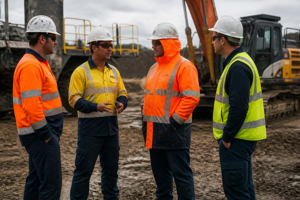 A construction team on an outdoor site wearing orange and yellow high vis long sleeve shirts with reflective tape, one worker in a waterproof hi vis jacket with hood, natural daylight, realistic Australian worksite setting