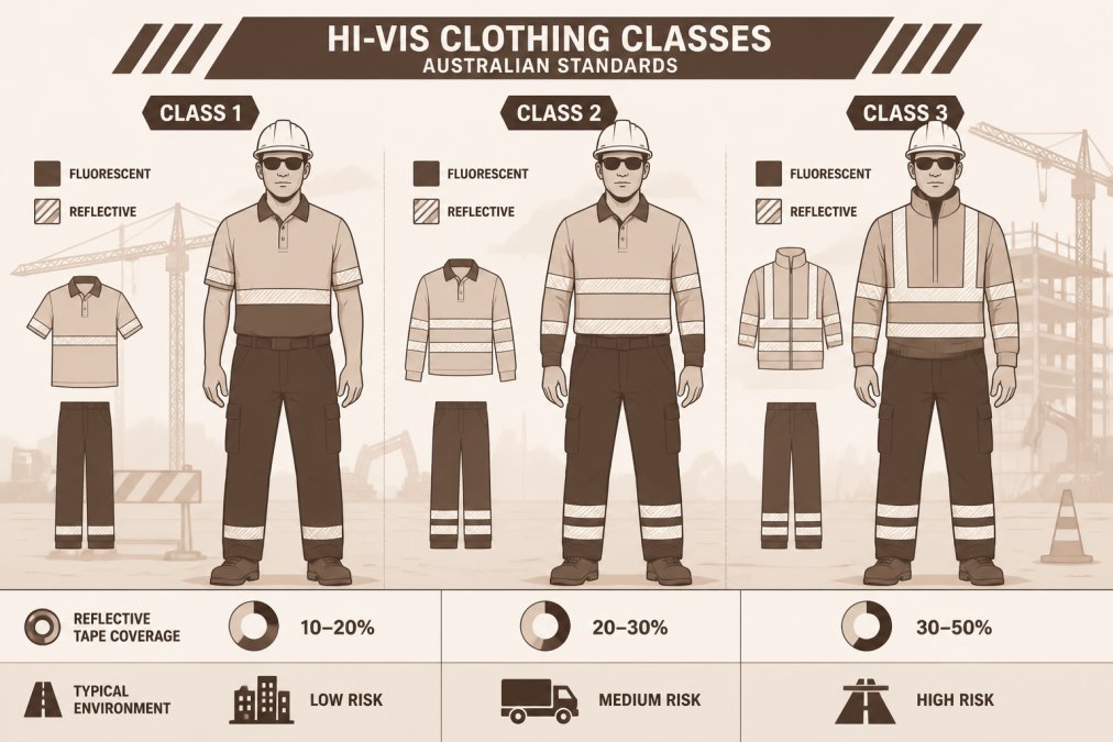 Workers wearing different classes of high-visibility clothing on a construction site, showing the visible differences in reflective tape coverage and fluorescent material placement across Class 1, 2, and 3 garments