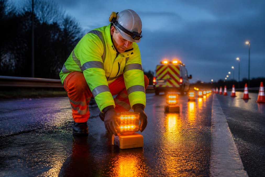 High Visibility Hazard Lights for Maintenance: 2026 Guide A roadside maintenance worker in a high-visibility orange jacket crouching on a wet UK dual carriageway at dusk, placing bright amber LED hazard warning lights on the tarmac, with traffic cones and blurred headlights visible in the background