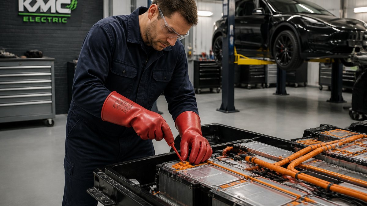 Technician wearing high voltage PPE gloves and gear while working on an exposed electric vehicle battery pack