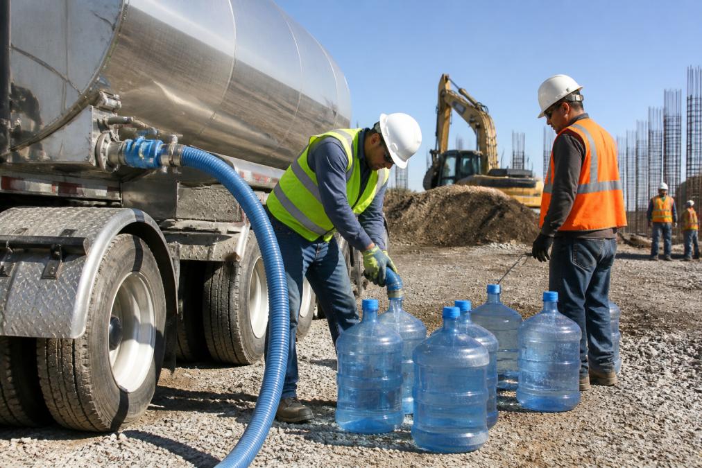 Construction crew workers in hard hats and safety vests filling large water containers from a bulk water tanker on an active job site under bright sunlight