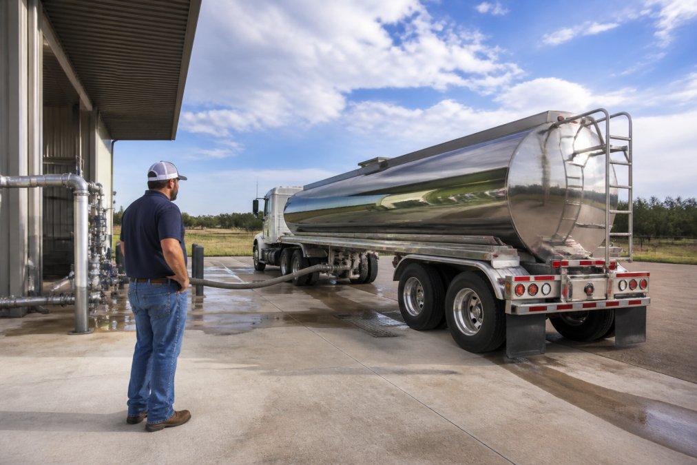 A tanker truck parked at a commercial water fill station in a rural Texas setting, with an operations manager in a polo shirt overseeing the bulk water pickup process in clear afternoon light