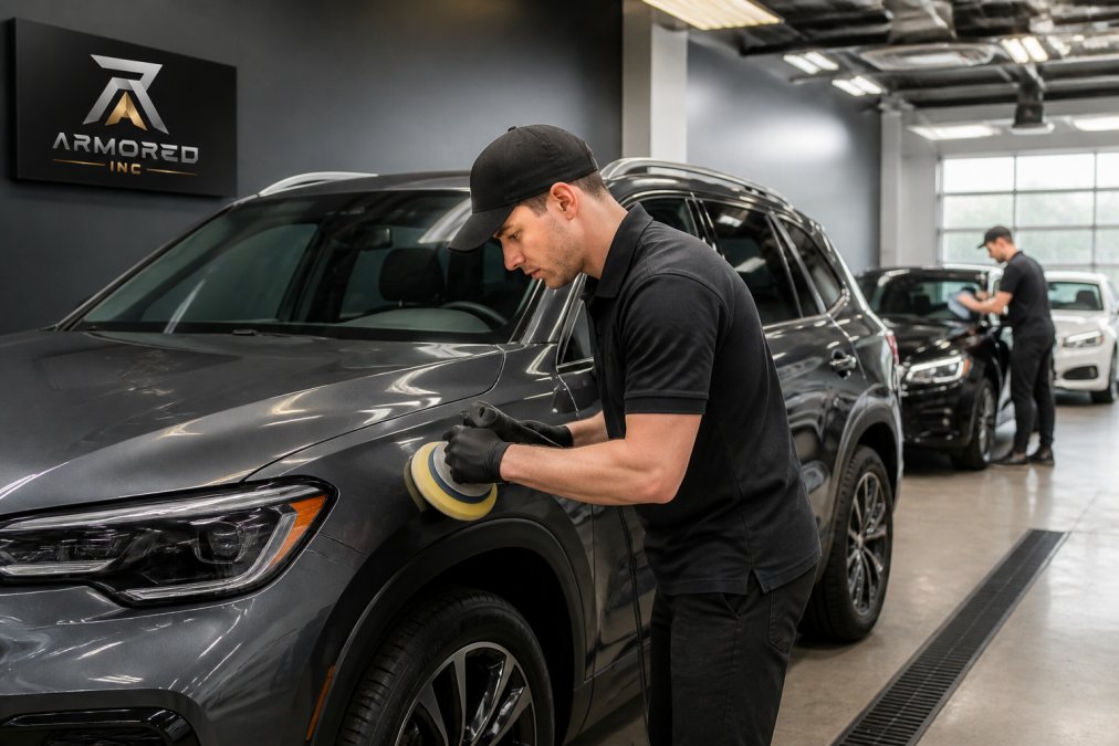 A professional detailer in a branded uniform using a polisher on a new SUV inside a clean, well-lit dealership service bay, with other vehicles in the background