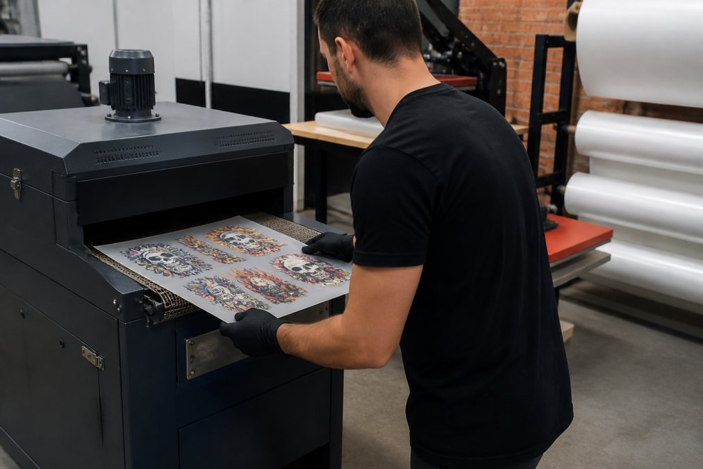 A print shop worker in gloves loading a freshly printed DTF film sheet into a curing oven, with rolls of PET film and a heat press visible in the background