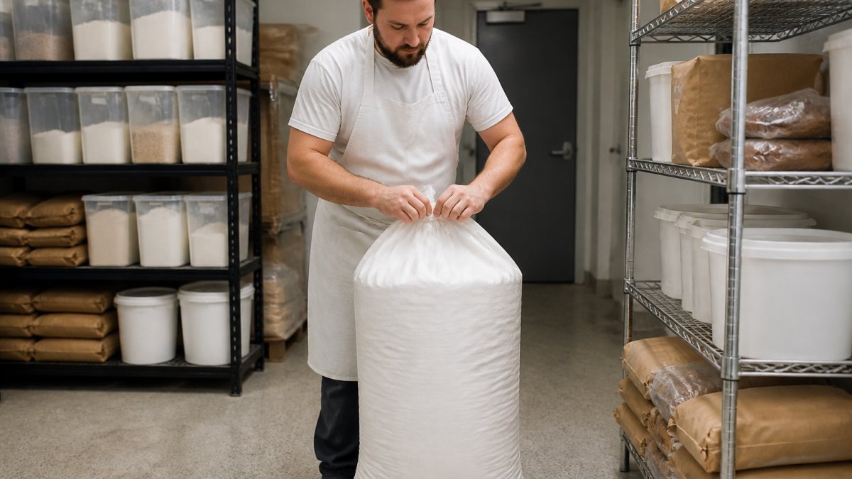 A baker in a white apron sealing a 55 lb flour bag inside a clean, dry storage room with labeled shelves and stacked ingredient containers