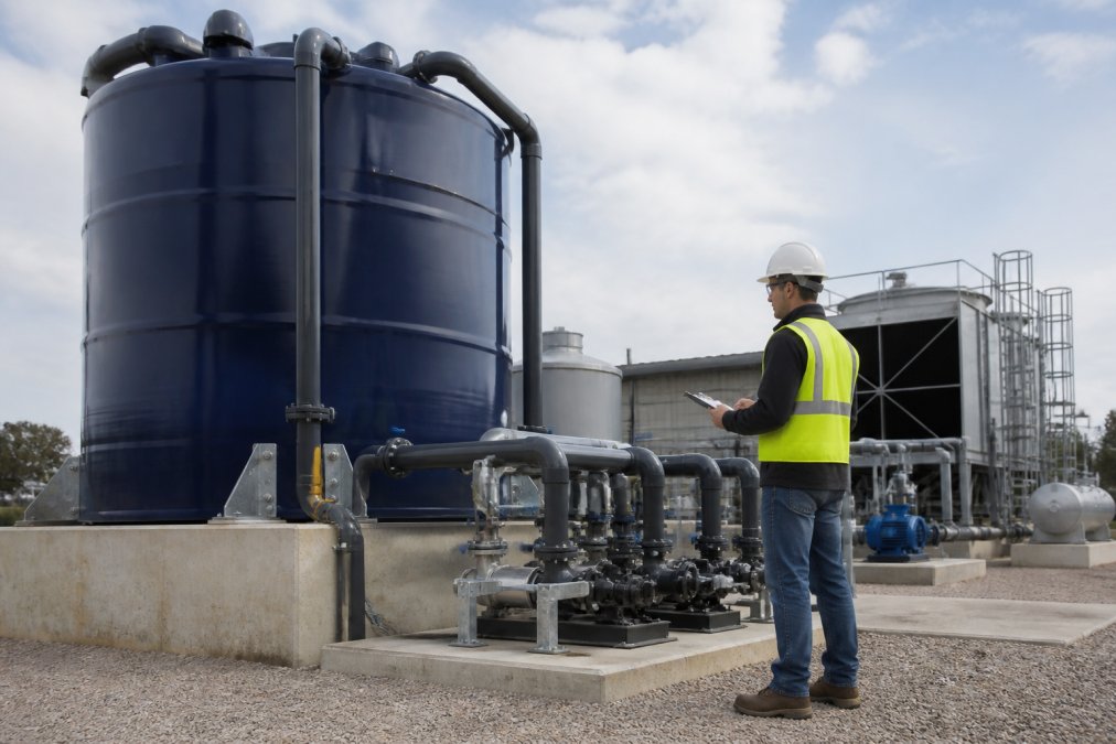 Facility operator inspecting a water cooling pump manifold at a data center site