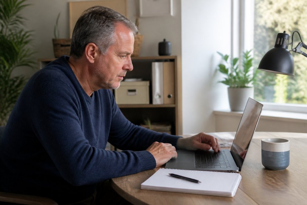 a business owner reviewing website analytics on a laptop in a bright, modern office, with a notepad and coffee nearby lead generation growth