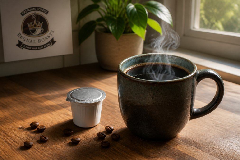 Steaming black coffee in a mug next to a highest quality k cup coffee pod and beans on a rustic wooden counter