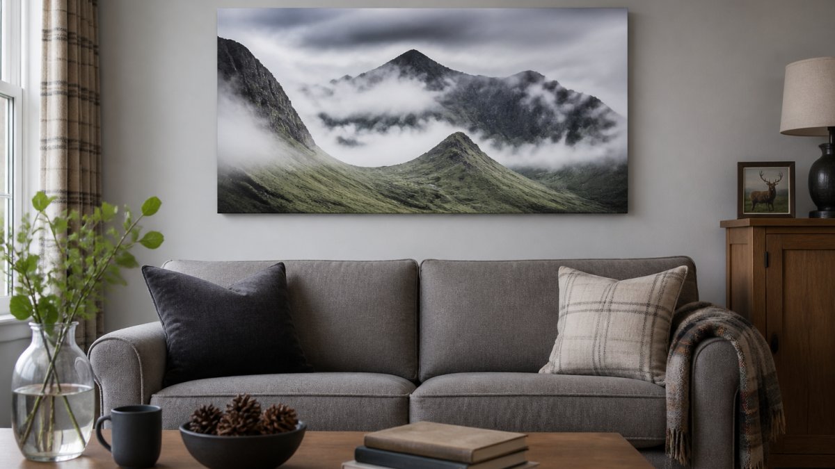 Diagram illustrating the correct scale and eye-level placement for hanging large landscape art above a sofa.