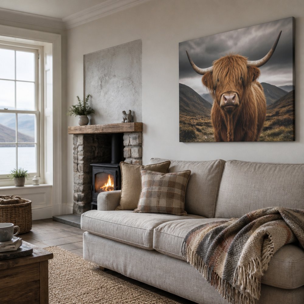 A Highland cow canvas print hanging above a linen sofa in a bright Scottish living room, with a wool throw, a stone fireplace and soft natural light from a sash window