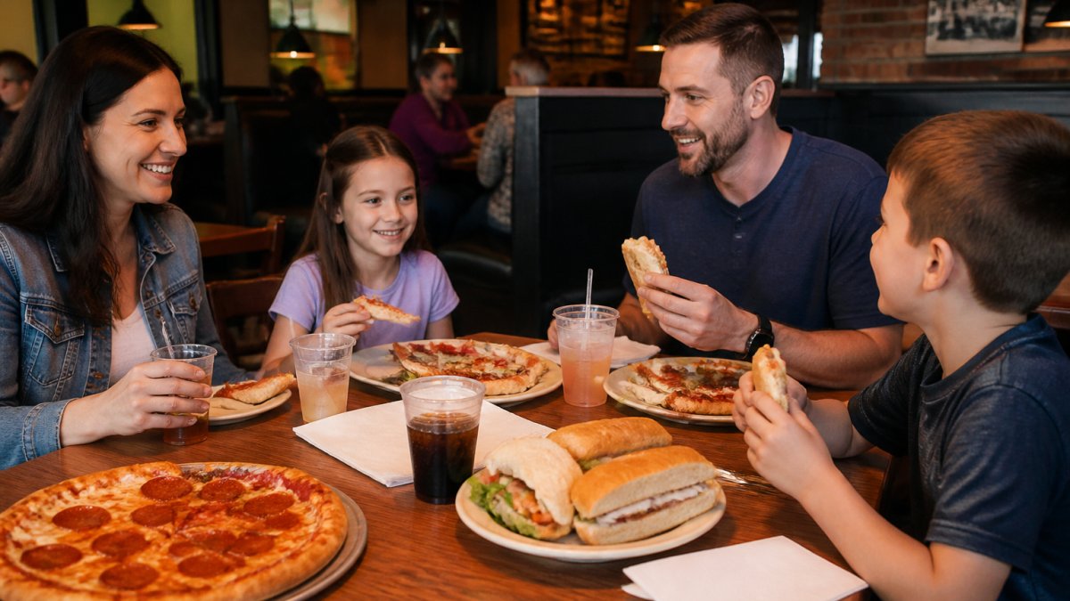 Infographic comparing family-friendly dining at Highland Grill vs Buzzards Bay through a shared restaurant meal.