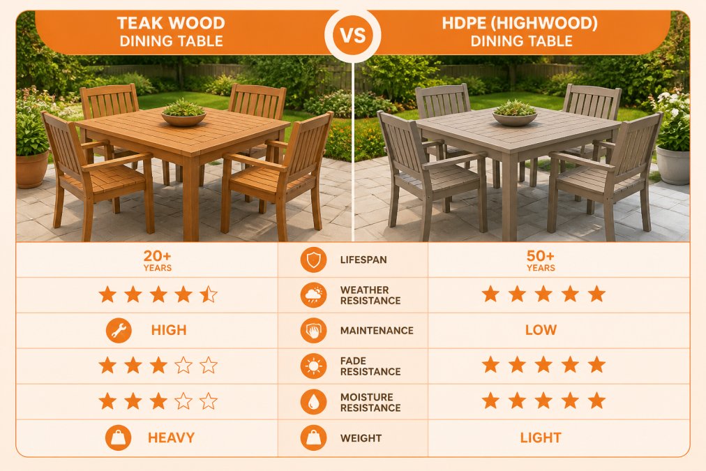 Side-by-side view of a teak dining table and a synthetic HDPE dining table on the same patio, both in good condition, with a lush green backyard in the background