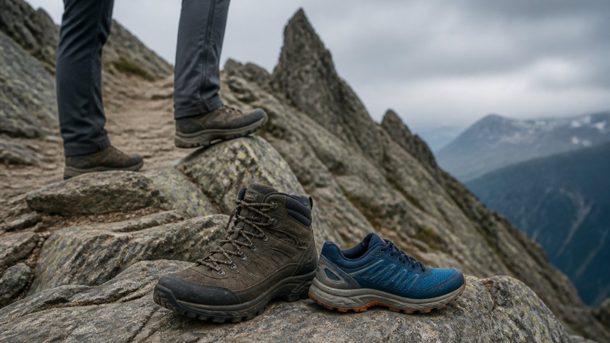 A hiker standing on a sharp, rocky ridge trail with one foot on a jagged rock, a mid-cut hiking boot and a trail runner placed side by side on the stone for comparison, overcast mountain light