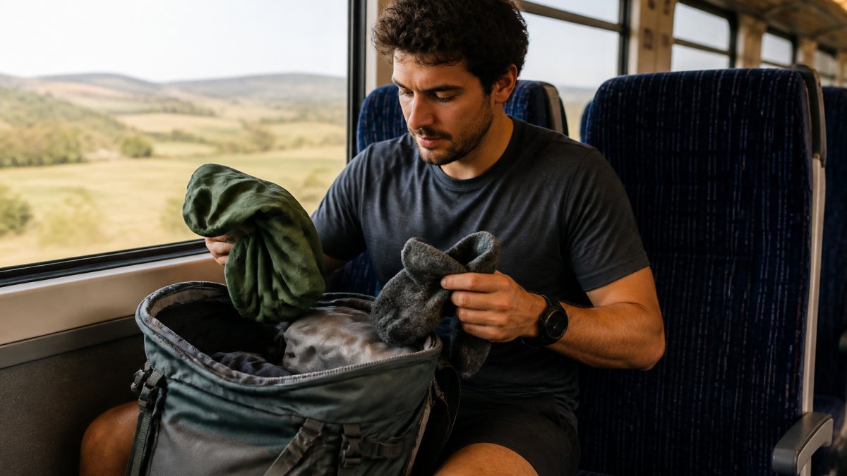 A hiker in their late twenties sitting on a train seat with a 40L backpack open beside them, pulling out a waterproof jacket and a pair of thick hiking socks, countryside visible through the window