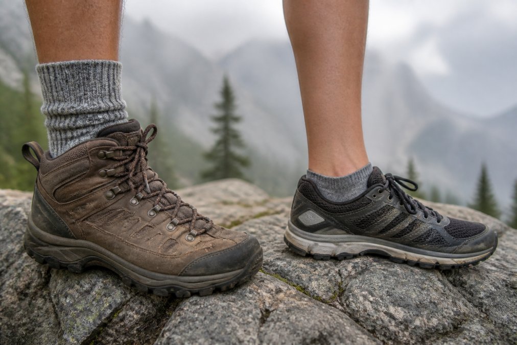 Close-up of hiking boot with thick, cushioned sock next to lightweight running shoe with thin technical sock, showing distinct sock profiles on a rocky mountain trail with morning mist