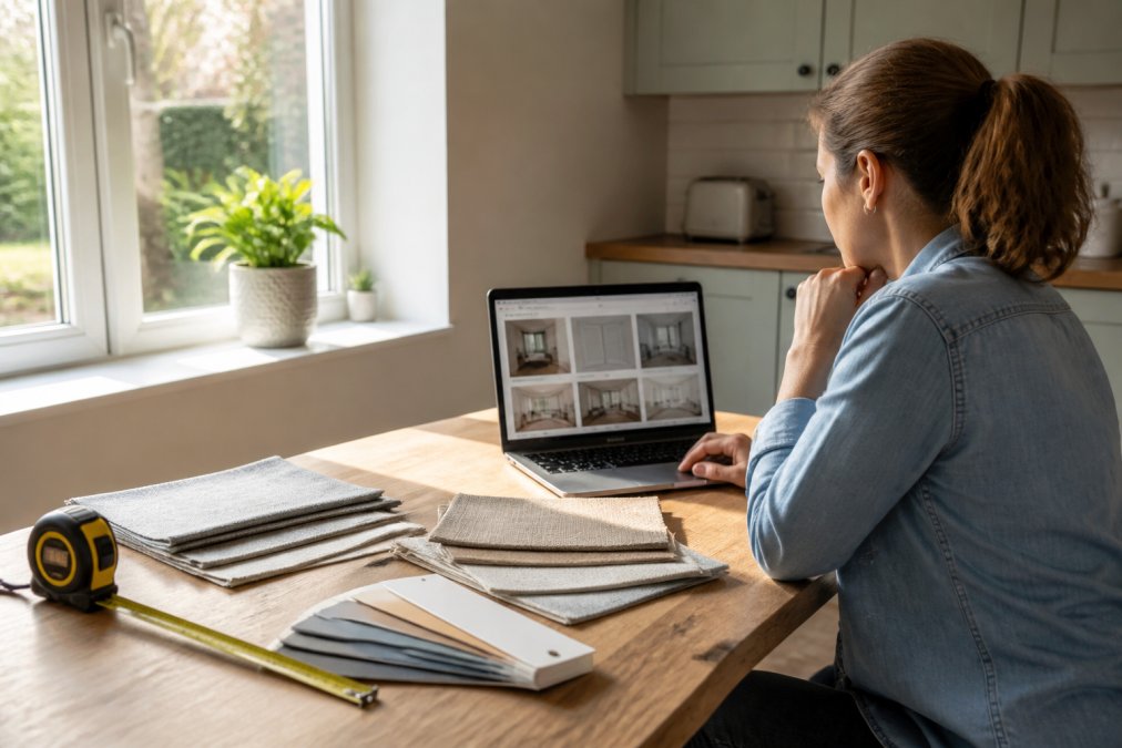 A homeowner reviewing fabric swatches and a measuring tape on a kitchen table beside a window, with a laptop showing a blinds retailer website in the background, soft afternoon light