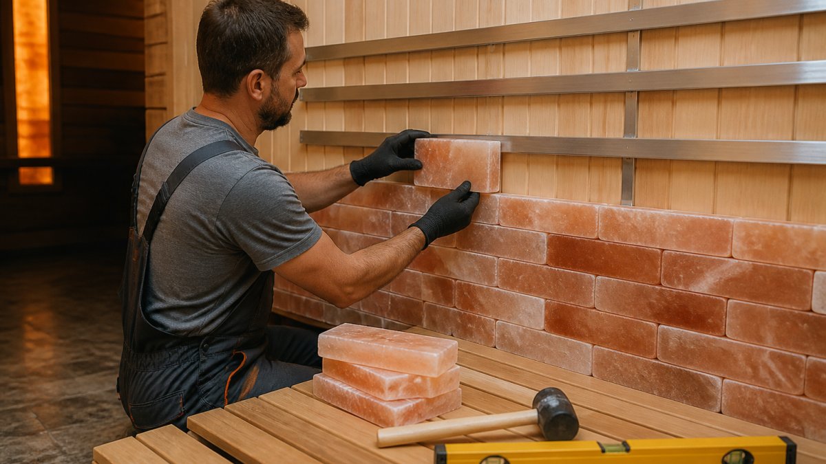 A homeowner in work clothes dry-stacking pink Himalayan salt bricks onto a stainless-steel channel mounted on a sauna wall, with a level and rubber mallet on a nearby bench