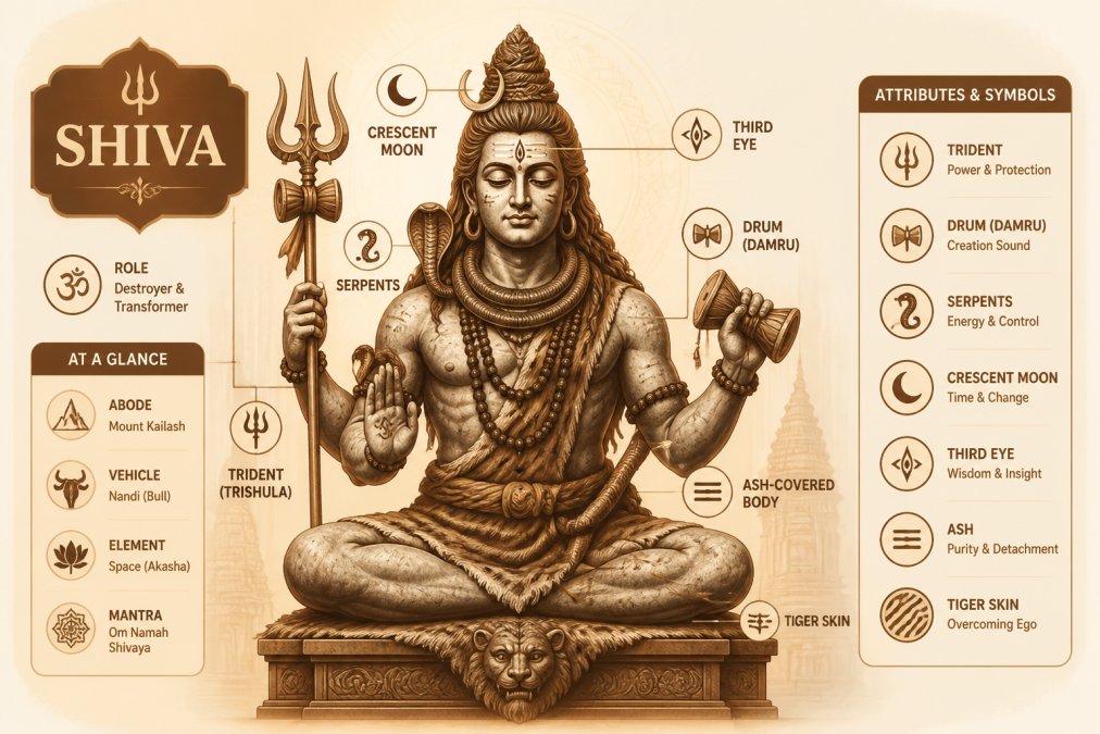 Detailed ornate Shiva statue showing matted hair adorned with crescent moon, third eye marking, serpents coiled around neck and body, holding trident and drum with ash-covered skin in temple setting with warm lighting