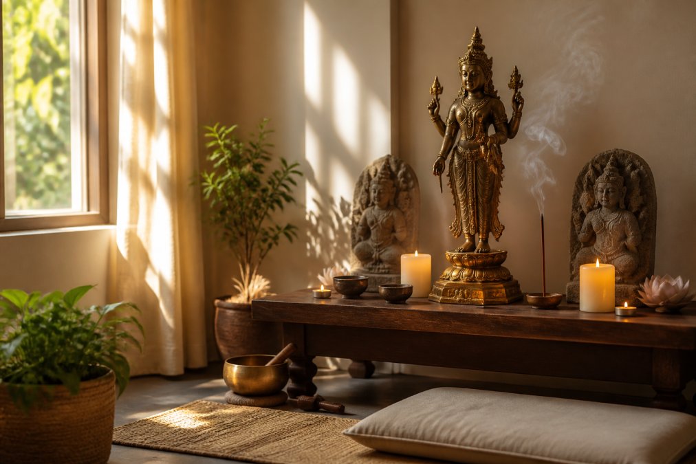 A serene home meditation corner featuring a bronze Dhanvantari deity statue on a wooden altar, surrounded by lit candles, incense smoke rising gently, natural stone sculptures, and soft golden light from a nearby window creating peaceful shadows