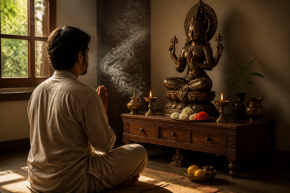 A person seated in a peaceful meditation posture facing a bronze deity sculpture in a home sanctuary, hands positioned in a devotional mudra gesture, incense smoke curling through soft amber light streaming from a window