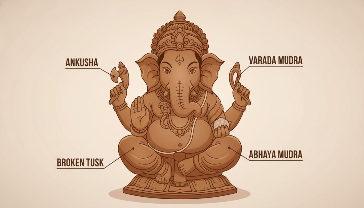 Nahaufnahme einer kunstvoll geschnitzten bronzenen Ganesha-Statue, die feine Details von Mudra-Handgesten und ornamentalen Kronenarbeiten zeigt
