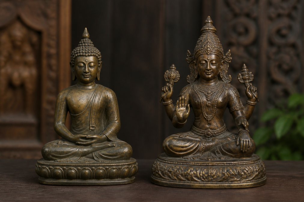 Bronze statues of a seated Buddha and a Hindu deity demonstrating distinct Hindu Buddhist mudras side by side.